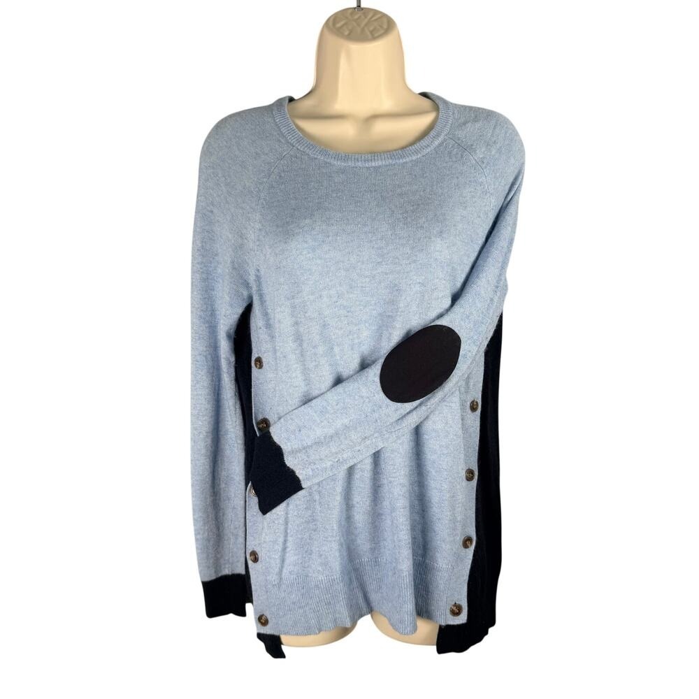 J Crew Sweater Small Blue Side Button Elbow Patch Angora Wool Blend 08645 Preppy